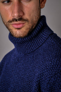 Roll neck blue jumper in recycled wool